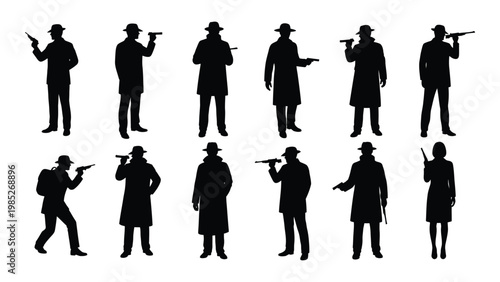A collection of silhouetted figures mostly men depicted aiming firearms in various poses high quality professional