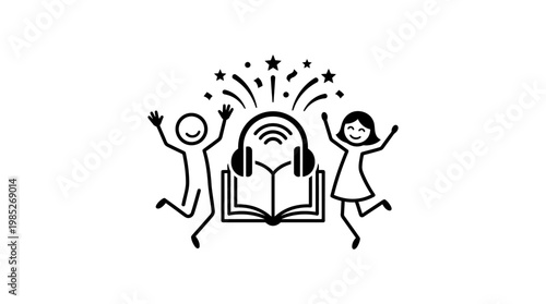 Kids Dancing Around a Book and Headphones