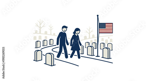 Couple Walking Through a Military Cemetery on a Memorial Day