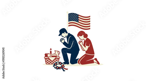 Couple Praying at Memorial with American Flag