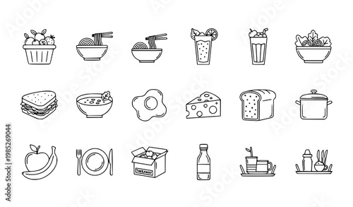 Simple meal and food line icons set with fruit basket noodles smoothie and healthy eating symbols vector