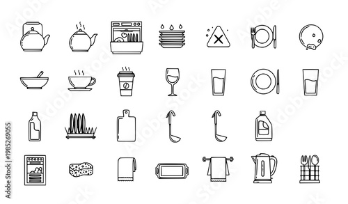 Modern tableware and dishwashing line icons collection with teapot dishwasher clean dishes and kitchen tools