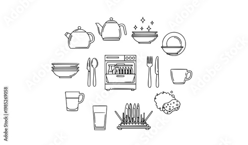 Minimal tableware and dish cleaning line icons with teapot dishwasher clean dishes and utensil symbols vector set