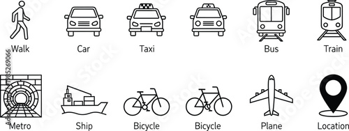 Set of transportation icons including walking person, car, bus, train, plane, and location.