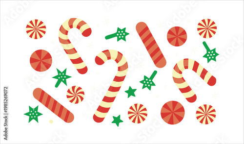 Festive christmas candy canes and star shapes on a white background