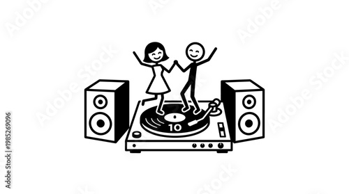 Joyful Couple Dancing on Turntable with Speakers