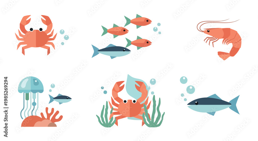 Fototapeta premium Playful sea life scene with cartoon crabs, colorful fish, and jellyfish illustration surrounding a bright coral reef