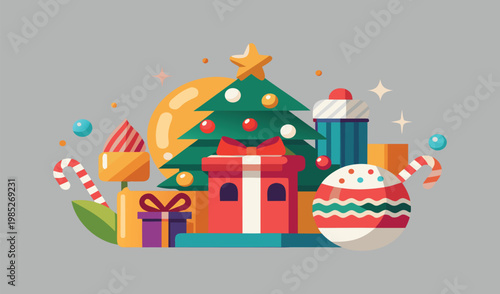 Festive christmas tree surrounded by gifts and ornaments