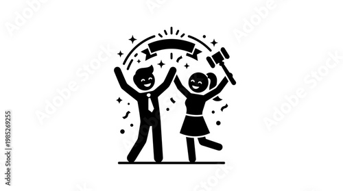 Successful Celebration Man Woman Hammer and Banner