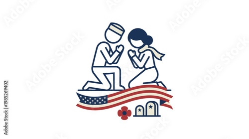 People Kneeling in Prayer with American Flag Symbolism
