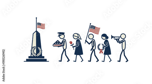 Memorial Day Parade Procession with Flag and Trumpet