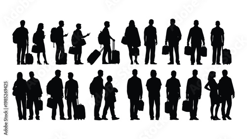 A collection of black silhouettes depicting diverse people with luggage suggesting travel or commuting high quality
