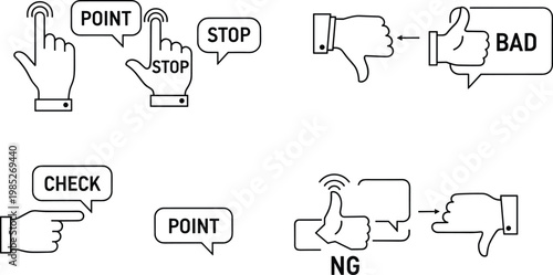 Collection of user interaction icons with hands on transparent background.