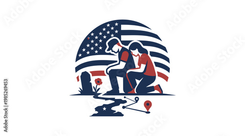 Mourning Couple at War Memorial with American Flag