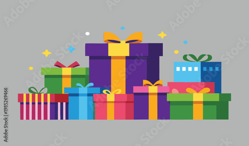 Colorful stacked gift boxes with ribbons and bows for celebrations