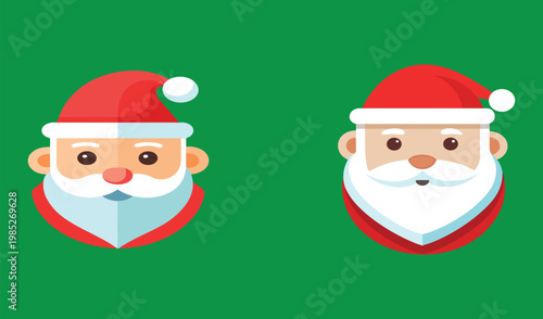 Two cartoon santa claus faces with red hats and white beards