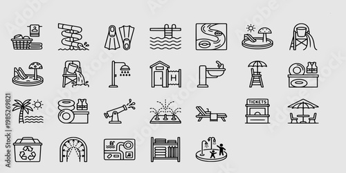 icon sheet collection of water park attractions, slides, swimming pool equipment, lifeguard stations, locker rooms, and aquatic recreation facilities.