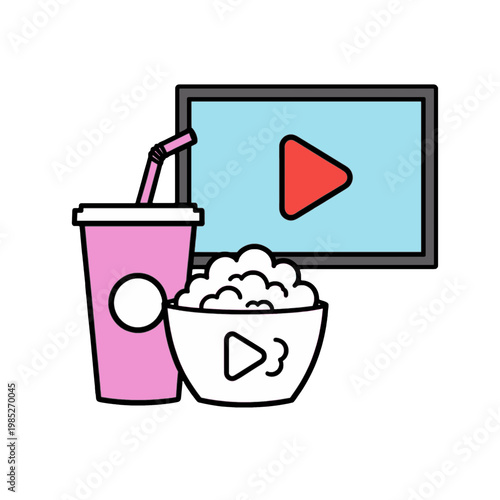 Movie Night Snack Time Flat Icon with Popcorn and Drink