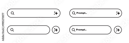 Generate AI prompt bar set. Artificial intelligence, machine learning technology, chat, futuristic, button design concept. Vector illustration. AI search bar with star symbols. Minimal AI assistant.