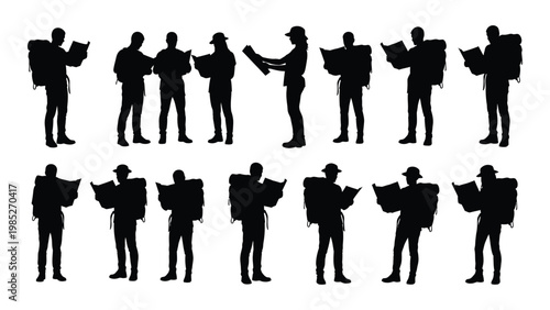 A collection of silhouette figures depicts hikers and travelers carrying backpacks and maps high quality professional