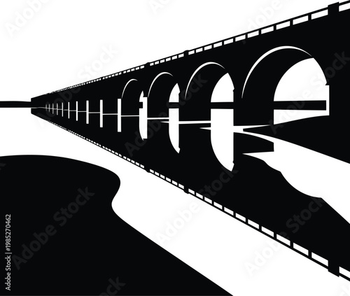 Minimalist black and white silhouette of a long arched stone bridge viaduct in perspective view