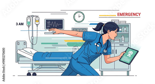 Vibrant illustration showcasing a healthcare professional's urgent patient care and emergency response efficiency, rushing through a hospital ward at 3 AM