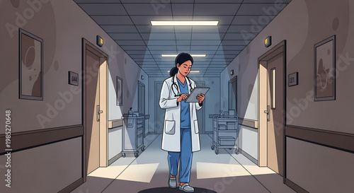 A dedicated female doctor walks down a hospital corridor with a tablet, symbolizing healthcare and medical advancement