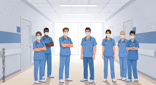 Healthcare professionals standing in a hospital corridor