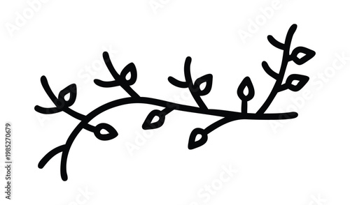 Simple hand drawn black twig with small leaves and buds