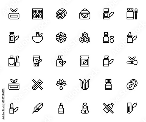 Organic Cosmetics icon set. Minimalist vector icons pack. Includes Soap, Shea Butter, Cream, Aloe Vera, Lipstick, Cruelty Free and more. Editable stroke.