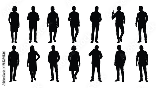 A collection of black silhouettes depicting various people in different poses and clothing styles high quality