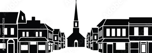 Minimalist black and white silhouette of a small town main street with a church steeple