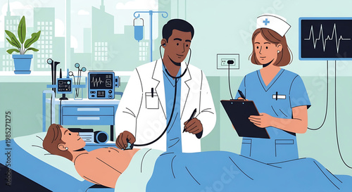 Doctor and nurse examine patient in hospital room with medical equipment and city skyline in background