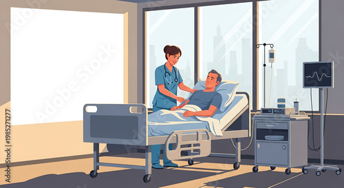 Nurse attending to a male patient in a modern hospital room, illustrating healthcare and medical care