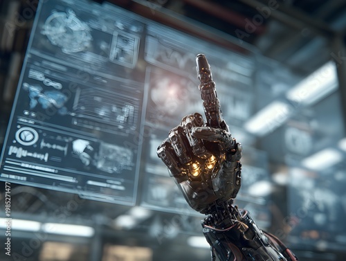 Futuristic robot hand with pointing finger and transparant digital interface screen  