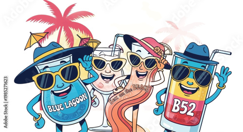 Cartoon cocktail characters, summer drinks, colorful icons, party illustrations, vector set