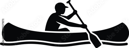 black silhouette of a man canoeing on a white background