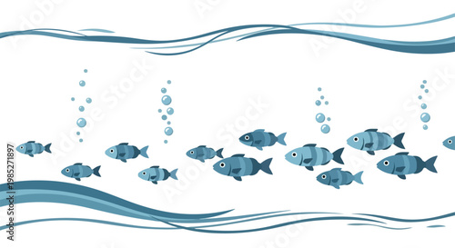 Serene underwater scene with a school of blue fish gliding through clear water between flowing blue waves