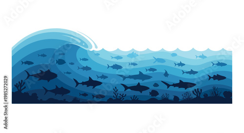 Illustration of various shark species swimming underwater with ocean waves and sea life in shades of blue.