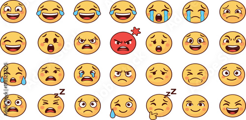 Large Emoji Face Vector Collection With Happy Sad Angry Crying and Sleeping Expressions For Digital Communication Design.
