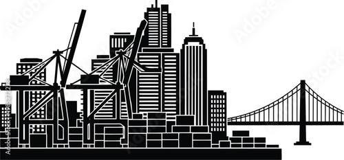 city skyline with bridge and cranes, industrial harbor silhouette, urban landscape