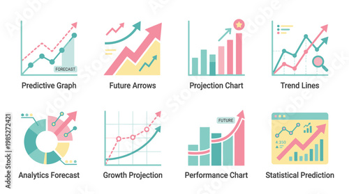 Vector set of colorful business infographics including predictive graph, future arrows, projection chart, trend lines, analytics forecast, growth projection, performance chart, statistical prediction.