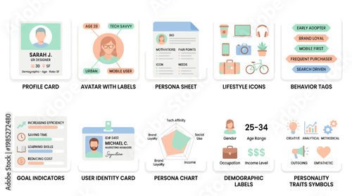 Vector set of various lifestyle and user identity cards showcasing profile information and personal data in a modern design.