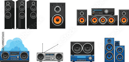 Audio Speaker Collection with Stereo Sound Systems Radios and Home Music Equipment Isolated Vector Design Set