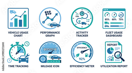 A vector set of modern transportation icons featuring vehicle usage charts and performance graphs for fleet management and efficiency tracking.