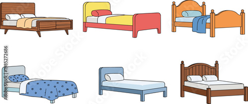 Bed Collection Set with Modern Wooden and Kids Bedroom Furniture for Home Interior Vector Illustration Design