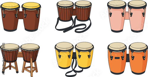 Bongo Conga Drum Collection with Percussion Musical Instruments in Different Styles Isolated Vector Design Set for Music Themes