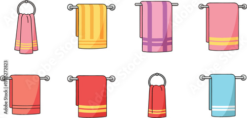 Bathroom Towel Set with Hanging Colorful Fabric Towels on Rods and Rings for Home Interior Vector Design Collection
