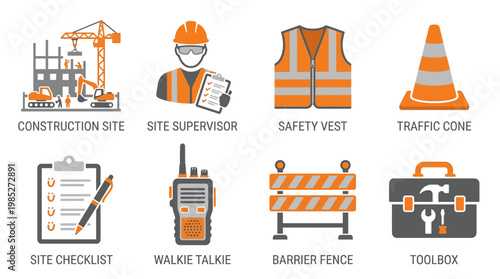 Construction site vector set with site supervisor in safety vest near traffic cone and barrier fence with walkie talkie and site checklist.