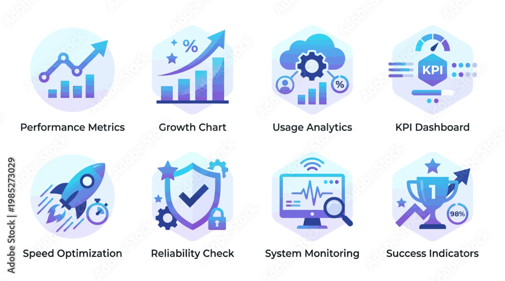 Fototapeta premium Vector set of business analytics icons depicting performance metrics and growth charts with usage analytics and KPI dashboards for speed optimization and reliability checks.